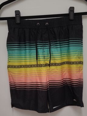 O'Neill Black Swim Shorts with Teal, Yellow & Coral Stripes